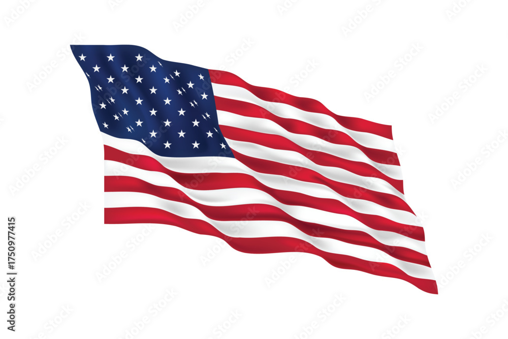 Obraz premium Realistic waving flag of the United States of America with red and white stripes and blue field with white stars. Symbol of freedom, democracy and patriotism.