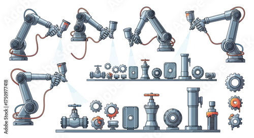 Robotic Arms and Industrial Parts: Automated Assembly Line Components.