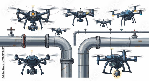 Multiple drones hovering around industrial pipes showcasing surveillance and inspection technology.