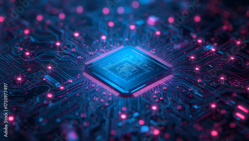 Blue computer circuit board background with electronic components, microchips, and a processor for digital technology and data hardware