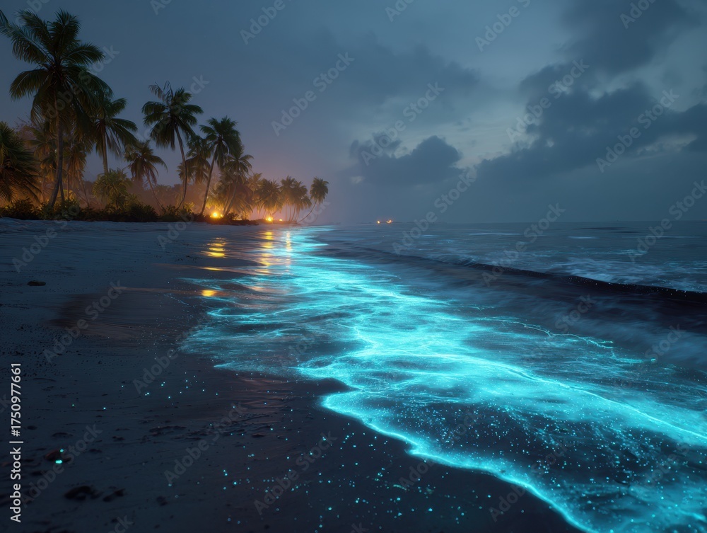 Obraz premium Night beach with bioluminescent waves. Tropical scenery with glowing sea and palm trees under a cloudy sky. Magical ocean shore.