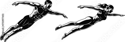 Swimmer silhouette illustration, diving athletic pose, black and white design, sports motion, streamlined body, fitness concept, competitive swimming, aquatic strength