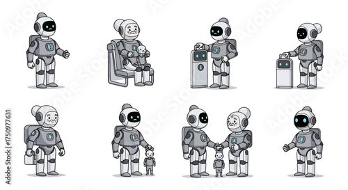 Cartoon Robots in Various Poses Black and White Illustrations.