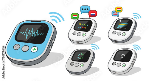 Set of Wireless Health Monitoring Devices with Digital Screens and Connectivity.