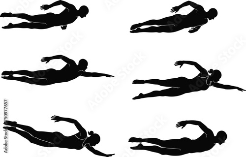 Swimming motion, freestyle stroke, silhouette sequence, swim technique, goggles, swim cap, aquatic movement, body position, sports illustration, black and white, swimmer pose, swim cycle,