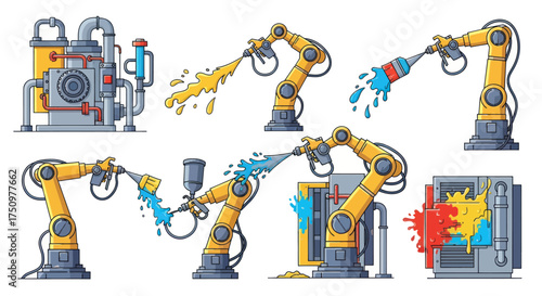 Cartoon Illustration of Industrial Robotic Arms Spraying Paint.