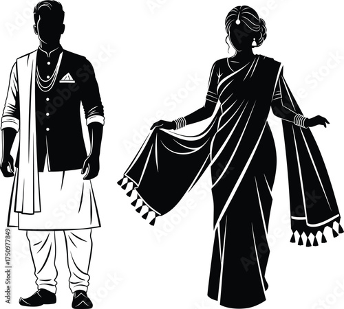 Traditional Indian clothing illustration, kurta Nehru jacket, saree with bangles, festive attire, cultural fashion, ethnic wear, black and white sketch, elegant pose