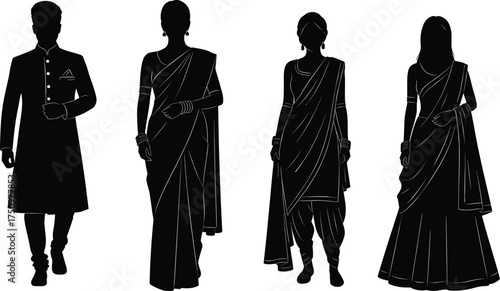 Traditional Indian clothing silhouettes, sherwani, saree, salwar kameez, lehenga choli, kurta with dupatta, ethnic fashion, cultural attire, black and white sketch