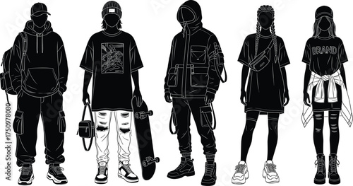 Urban streetwear silhouette illustration, hoodie and cargo pants, skateboard and camera, braided hair, graphic tee, youth fashion, black and white sketch