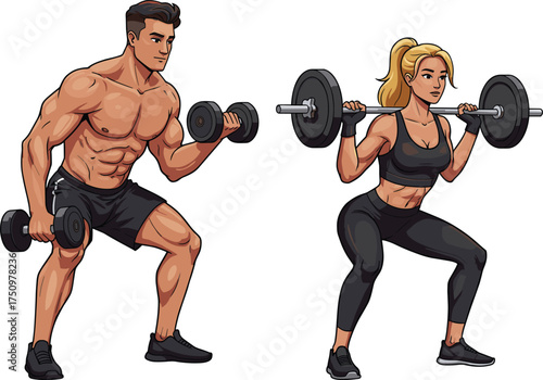 Weightlifting, strength training, dumbbell curl, barbell squat, gym workout, fitness pose, muscular body, active wear, exercise form,