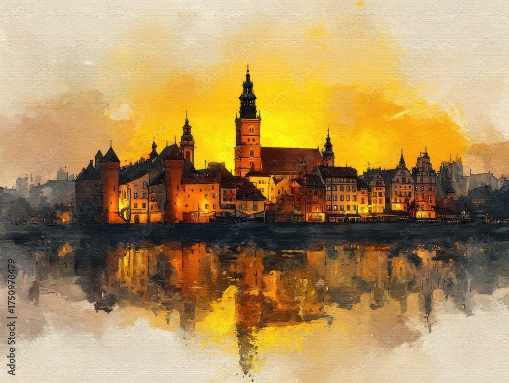 Fototapeta premium A watercolor painting depicting a European city skyline along a river, bathed in the golden light of sunset, creating a tranquil reflection.