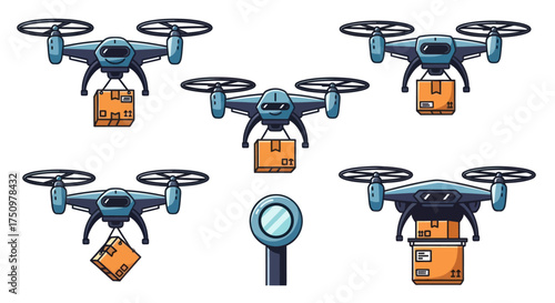 Cartoon Drones Delivering Packages with Propellers and Boxes.