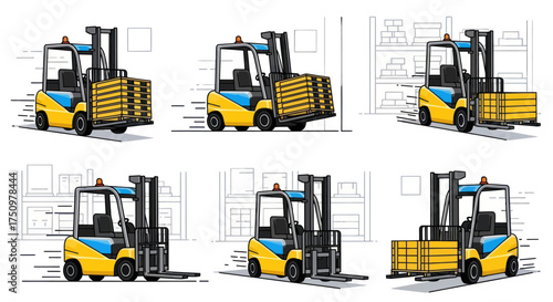 Industrial Forklift Truck Illustrations Moving and Lifting Wooden Pallets.