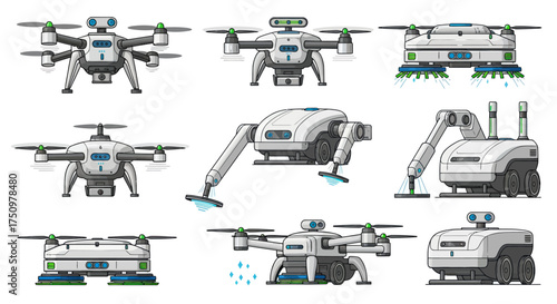Collection of futuristic drones and robotic devices for various applications.