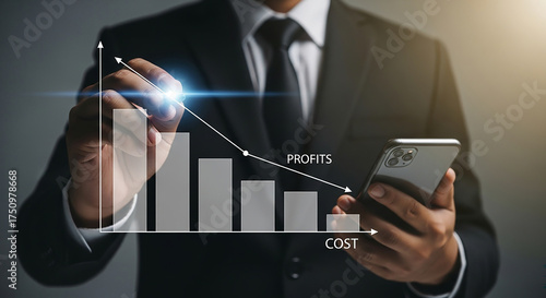 Financial Chart Analysis: A sophisticated individual meticulously charts a business's performance, with focus on cost-profit analysis, using a digital interface.
