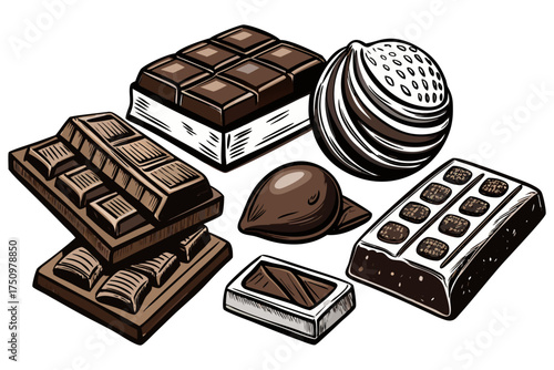 Hand-Drawn Chocolate Collection – Black and White Vector Illustration of Bars and Truffles.
