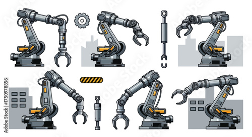 Collection of Detailed Robotic Arm Illustrations with Industrial Elements.