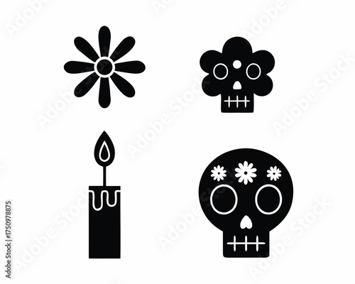 Sugar Skull Mandala Vector Design, Symmetrical Floral Skull Ornament for Día de los Muertos Art 