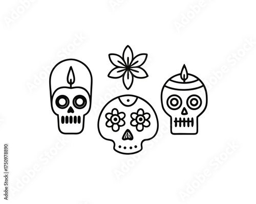 Sugar Skull Mandala Vector Design, Symmetrical Floral Skull Ornament for Día de los Muertos Art isolated on white background