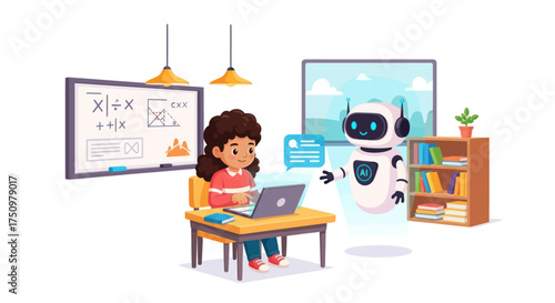 Girl studying with a robot tutor using a laptop at a desk in a classroom.