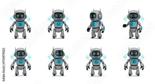 Collection of Cute Grey and Blue Cartoon Robots with Glowing Elements.