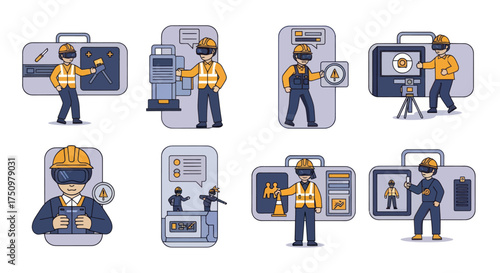 Diverse Illustrations of People Interacting with Technology and Tools.