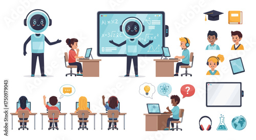 Cartoon Robot Teacher Interacting with Students in Classroom Setting.