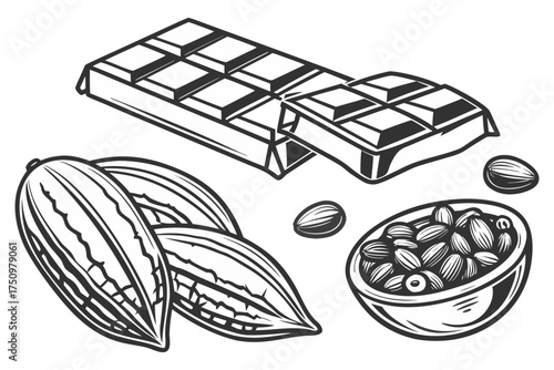 Hand-Drawn Chocolate Collection – Black and White Vector Illustration of Bars and Truffles.