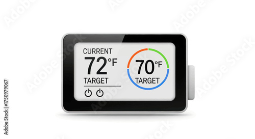 Modern Digital Thermostat Displaying Current and Target Temperatures.