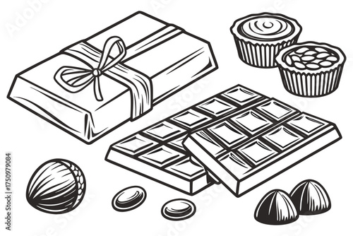 Hand-Drawn Chocolate Collection – Black and White Vector Illustration of Bars and Truffles.