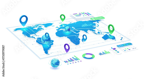 Isometric World Map with Location Pins and Data Visualization Elements.