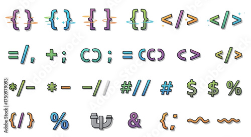 A colorful hand-drawn collection of various programming and coding syntax symbols and operators.