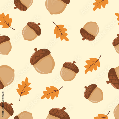 Acorn seamless pattern with leaves and light yellow background. Can be used for wallpaper, paper wrapping and fashion fabric.