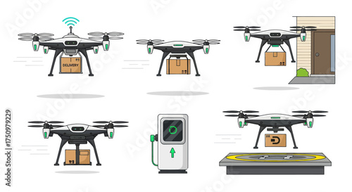 Modern Drone Delivery System with Packages and Charging Station.