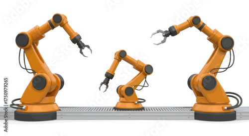 Three Orange Industrial Robotic Arms on Conveyor Belt.