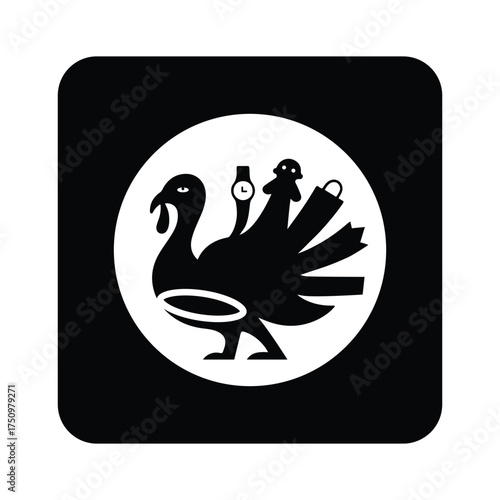 Black and white icon of a turkey with shopping bags isolated on white background