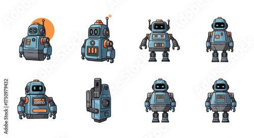 Collection of Retro-Futuristic Robot Illustrations with Varying Designs.