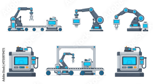 Industrial Robotic Arms and Automated Production Line Machinery Set.
