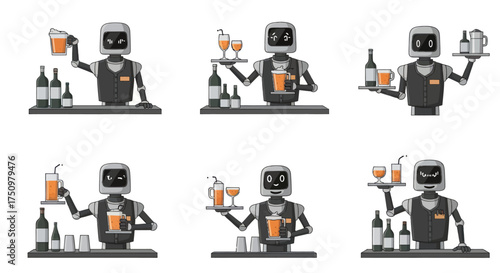 Robot Bartenders Serving Drinks at a Bar with Various Poses and Expressions.