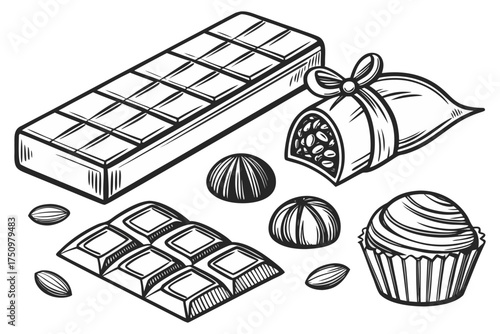 Hand-Drawn Chocolate Collection – Black and White Vector Illustration of Bars and Truffles.
