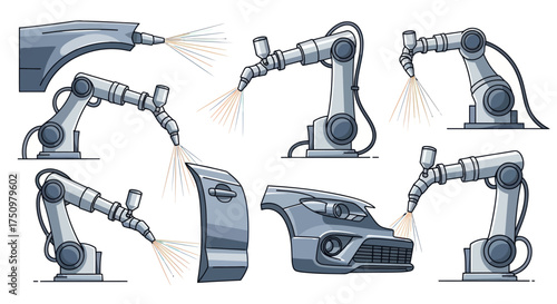 Industrial Robotic Arms Spraying Paint on Car Parts.