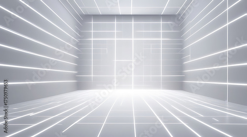 Illuminated futuristic grid room with bright light at the end