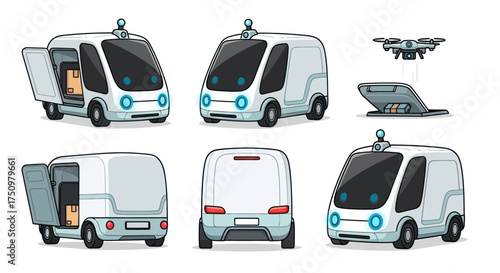 Futuristic Autonomous Delivery Van and Drone Set.