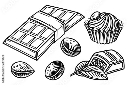Hand-Drawn Chocolate Collection – Black and White Vector Illustration of Bars and Truffles.