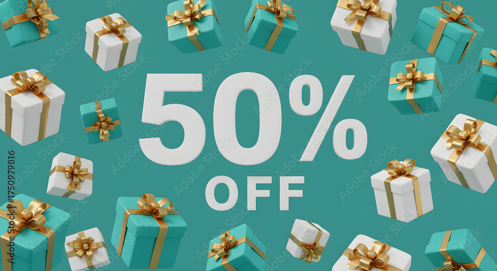 Fototapeta premium 50% Off Discount Promotion with Gift Boxes and Presents on Teal Background