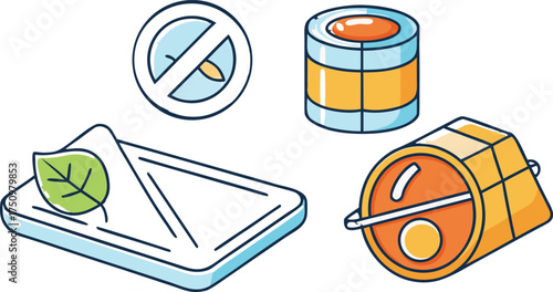 Prohibition symbol canned food and leaf on plate forbidden