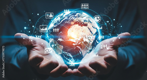 Global Connection: A pair of hands cradles a glowing globe, intertwined with a network of digital icons, symbolizing interconnectedness and the power of worldwide communication and technology.
