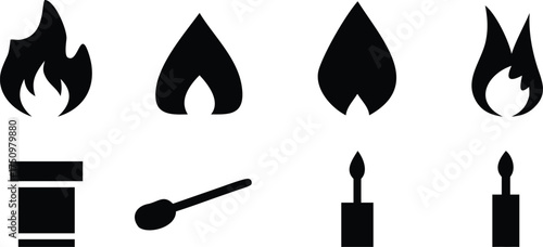 Black flame and match icons fire candle