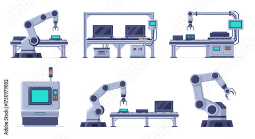 A collection of industrial robotic arms and automated factory machinery for a smart production line.