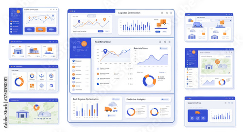 Modern data analytics dashboard UI kit with charts graphs and infographic elements for a web application.